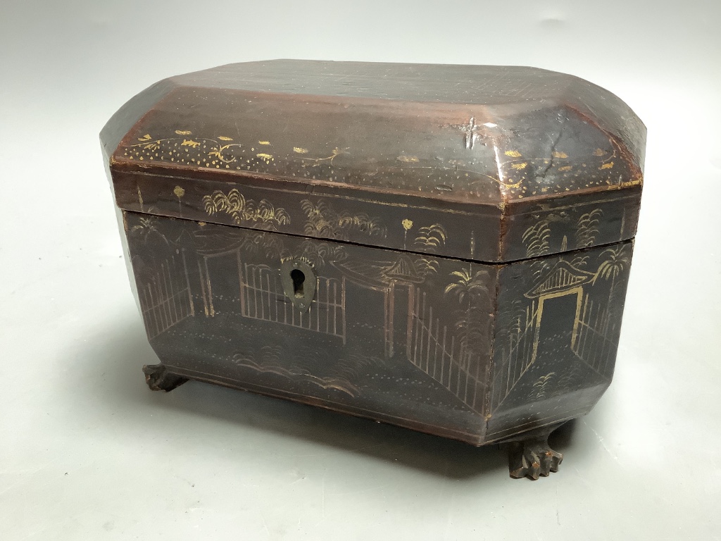 A late Georgian chinoiserie-lacquered tea caddy